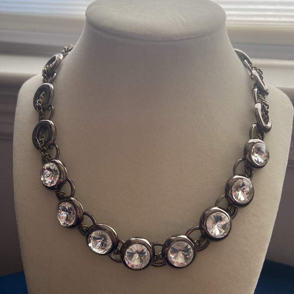 Cookie Lee large Rhinestone necklace. Clear crystal gunmetal